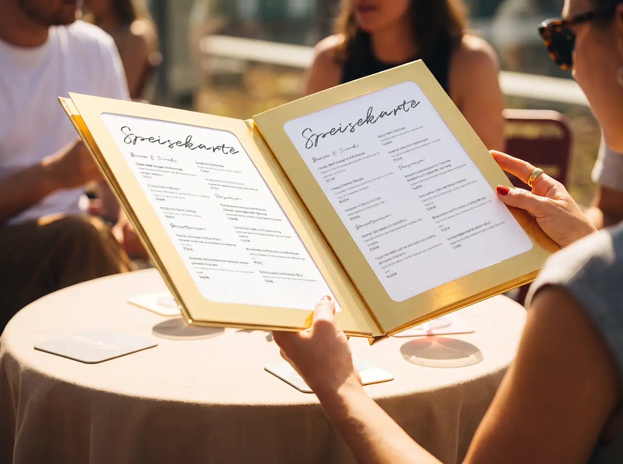Speisekarten Bilder: Speisekarte Juwel unverstärkt im Format A4 hoch, Einband in Gold / Metallic