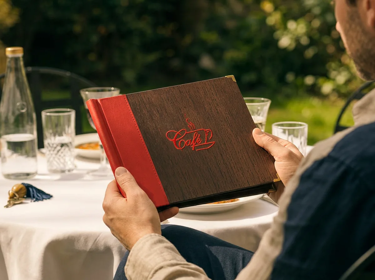 Gastronomie-Speisekarte Quickfix Premium in Braun, Format A4 quer – Speisekarten Bilder
