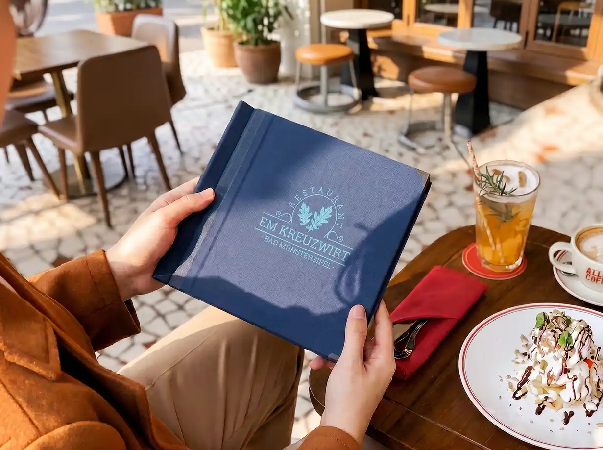 Gastronomie-Speisekarte Quickfix in Grau, Format 18 × 18 cm quadratisch – Speisekarten Bilder