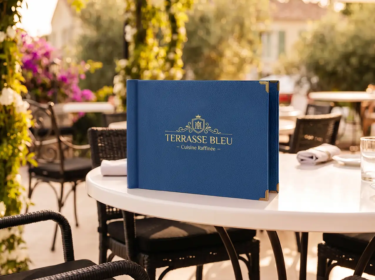 Speisekarten Bilder: Quickin als Speisekarte im Format A4 quer, Farbe Blau